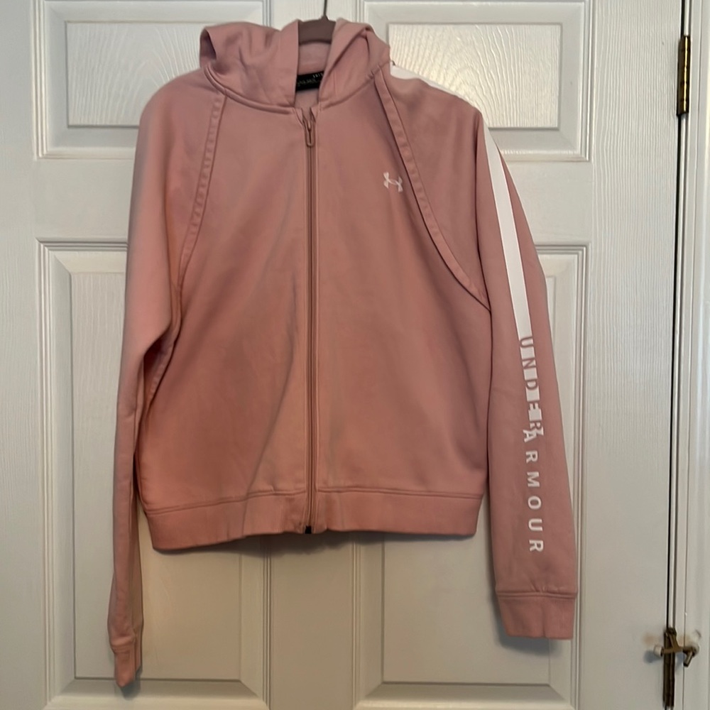 LADIES PINK HOODED UNDER ARMOUR ZIP FRONT JACKET SIZE LG LOOSE FIT VERY GOOD
